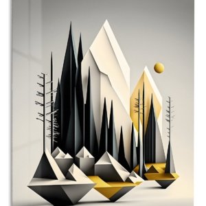 Geometric Mountain Forest in Gold – Premium Metal Wall Art