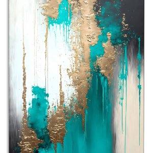 Teal and Gold Cascade – Premium Metal Wall Art
