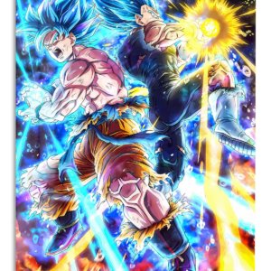 Blue-Haired Warriors Energy Clash – Premium Metal Wall Art