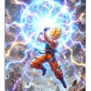 Golden-Haired Warrior's Lightning Surge – Premium Metal Wall Art