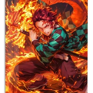 Flame Serpent Sword Warrior – Premium Metal Wall Art