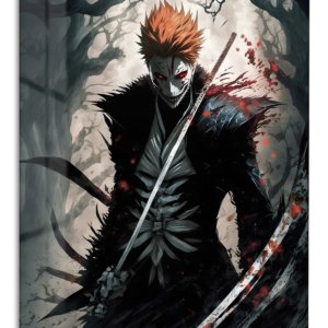 Crimson Masked Swordsman – Premium Metal Wall Art