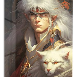 White-Haired Elf Warrior and Snow Lion – Premium Metal Wall Art