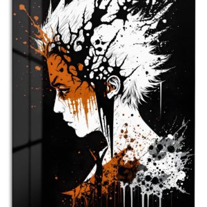 White-Haired Warrior Ink Burst – Premium Metal Wall Art