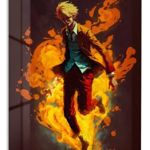 Blond Figure in Golden Flames – Premium Metal Wall Art