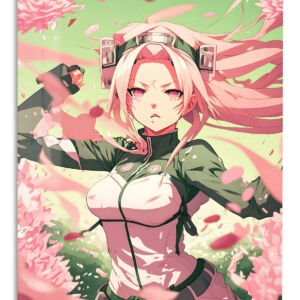 Pink-Haired Warrior Among Falling Petals – Premium Metal Wall Art