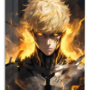 Golden-Fire Armored Warrior – Premium Metal Wall Art