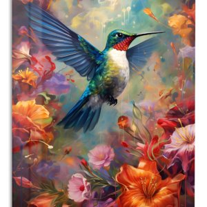 Hummingbird Among Luminous Flowers – Premium Metal Wall Art