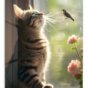 Sunlit Cat and Window Bird – Premium Metal Wall Art