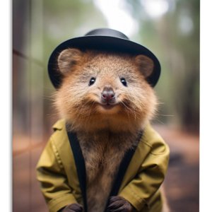Dapper Quokka in a Raincoat – Premium Metal Wall Art