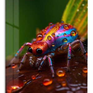 Rainbow Spider with Dewdrops – Premium Metal Wall Art