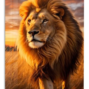 Lion at Golden Sunset – Premium Metal Wall Art