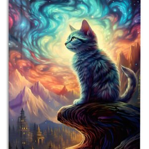 Stargazing Cat Above the Cosmic Valley – Premium Metal Wall Art