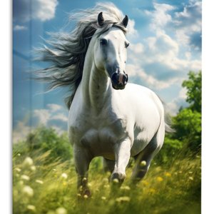 White Horse in a Sunlit Meadow – Premium Metal Wall Art