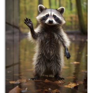 Waving Raccoon in Forest Stream – Premium Metal Wall Art