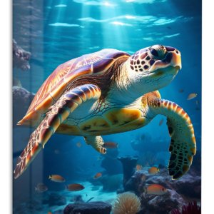 Sunlit Sea Turtle Reef – Premium Metal Wall Art