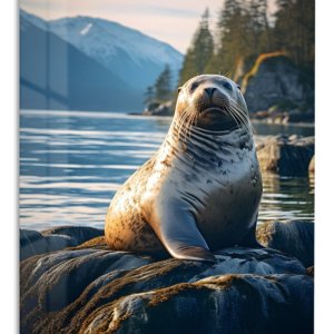 Sunlit Seal by Mountain Lake – Premium Metal Wall Art