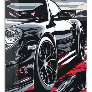 Black Sports Car in Crimson Reflections – Premium Metal Wall Art