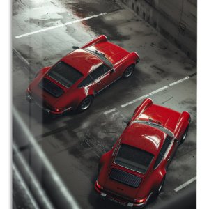 Red Sports Cars in a Rainy Garage – Premium Metal Wall Art