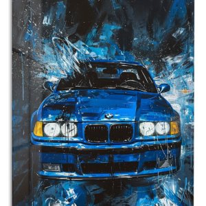 Blue Sedan in Abstract City – Premium Metal Wall Art