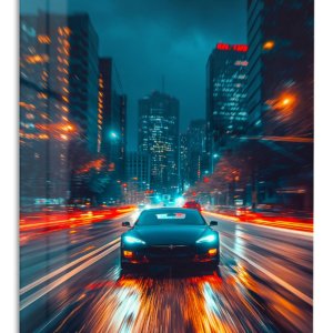 Neon City Sports Car Rush – Premium Metal Wall Art