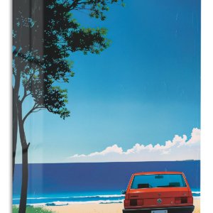 Red Car by the Blue Shore – Premium Metal Wall Art
