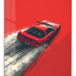 Red Sports Car on Painted Road – Premium Metal Wall Art
