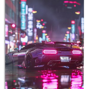 Neon Supercar After Rain – Premium Metal Wall Art