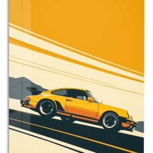 Golden Coupe on Mountain Road – Premium Metal Wall Art