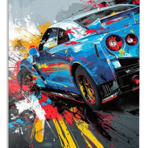 Blue Sports Car Paint Splash – Premium Metal Wall Art