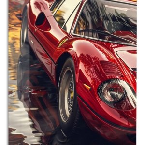 Crimson Sports Car Reflections – Premium Metal Wall Art