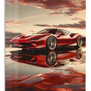 Red Supercar Sunset Reflection – Premium Metal Wall Art