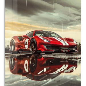 Red Racing Coupe in the Rain – Premium Metal Wall Art