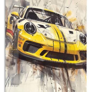Yellow Racing Machine Sketch – Premium Metal Wall Art