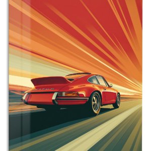 Red Sports Coupe Sunset Drive – Premium Metal Wall Art