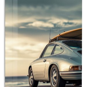 Classic Coupe with Surfboard at Sunset – Premium Metal Wall Art