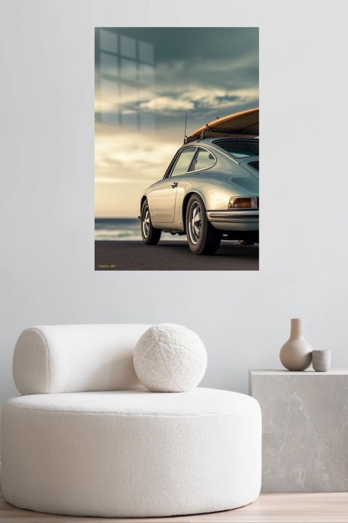 Custom metal print of a classic coupe displayed in a bright living room