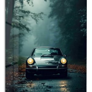 Classic Car in Misty Forest – Premium Metal Wall Art