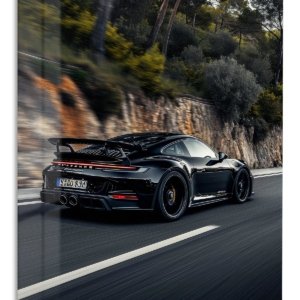 Black Sports Car Forest Drive – Premium Metal Wall Art