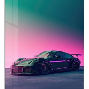 Neon Twilight Sports Car – Premium Metal Wall Art