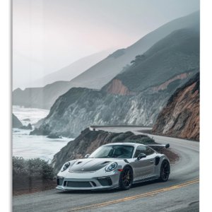 Silver Track Car on Misty Coastal Road – Premium Metal Wall Art
