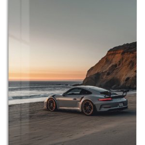 Coastal Sunset Sports Car – Premium Metal Wall Art