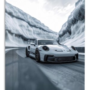 White Sports Car in an Icy Mountain Pass – Premium Metal Wall Art