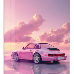 Pink Vintage Coupe at Sunset – Premium Metal Wall Art