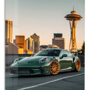 Emerald Sports Coupe at Sunset – Premium Metal Wall Art