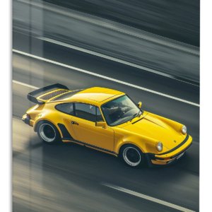 Yellow Vintage Sports Car in Motion – Premium Metal Wall Art