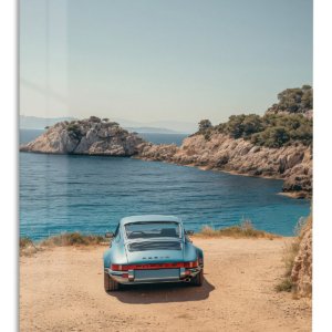 Vintage Blue Coupe by the Coast – Premium Metal Wall Art