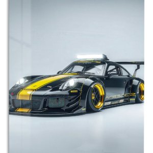 Black and Yellow Track Car – Premium Metal Wall Art