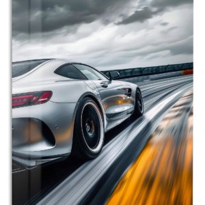 Silver Sports Coupe Under Storm Clouds – Premium Metal Wall Art