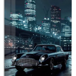 Classic Coupe in Neon City Rain – Premium Metal Wall Art